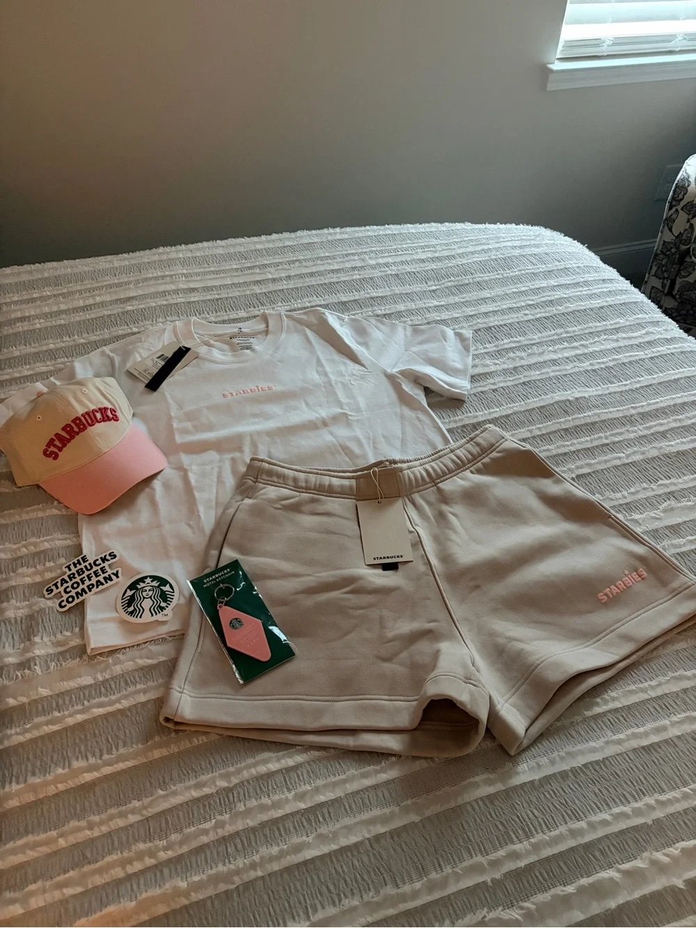 Starbucks Beige Athletic Shorts with Pink Logo